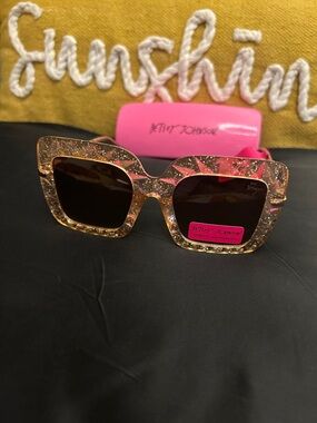 Betsey Johnson Gold  Glitter Square Frame Sunglasses with Dark Lenses